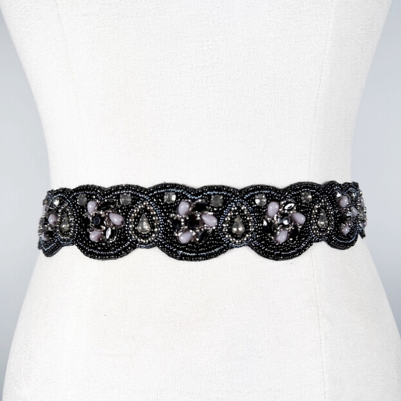 Stunning Special Occasion Statement Waist Belt Black Blue Beaded Stretch Size S main image 6